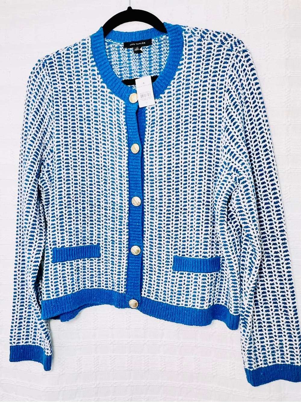 Ann Taylor Blue & White Textured Knit Cardigan with Gold Buttons